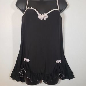 Vintage California Dynasty Sz L Lingerie Gown Built In Bra Baby Doll Black Bows